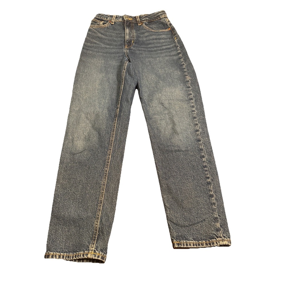 H&M Jeans Womens 4 Dark Wash High Rise Distressed Straight Leg Blue Denim Pants